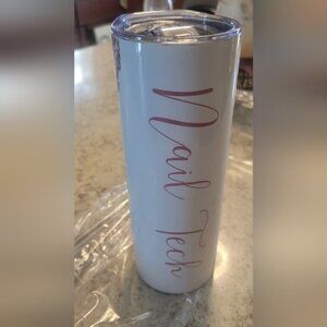 White Tumbler with Pink 'Nail Tech' Design, 16 Oz. New In Box
